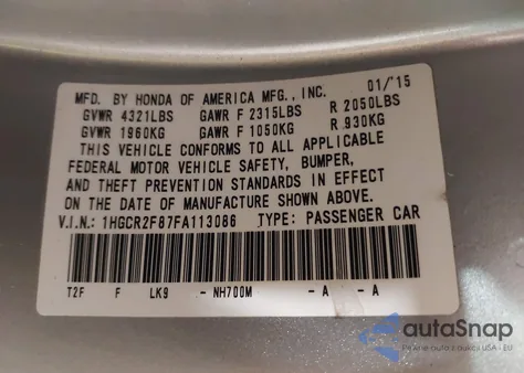 2015 Honda Accord Ex-L из США, поврежденный, VIN 1HGCR2F87FA113086